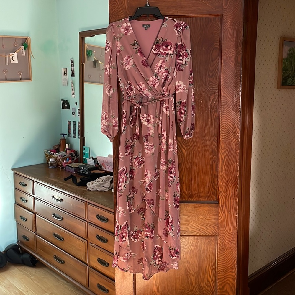Beautiful sheer long sleeve high low cut pink flower dress